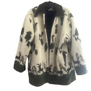 VINTAGE Denali Plush Fleece DEER MOTIF Cream Green Brown Oversized JACKET-Medium